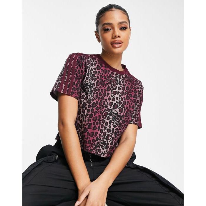 Adidas Originals 아디다스 오리지널 3 스트라이프 leopard 프린트 티셔츠 in 버건디 BURGUNDY 203571391울랄라 편집샵